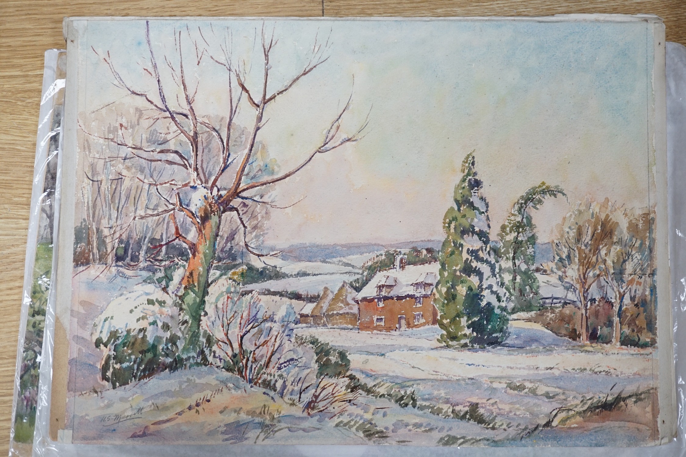 Harold Samuel Merritt and May Townsend, five watercolour landscapes by Merritt, Westmorland, Brittany and Shoreham Kent, largest 28 x 40cm, and two London Park views by Townsend, Kensington Gardens and Marble Arch, large